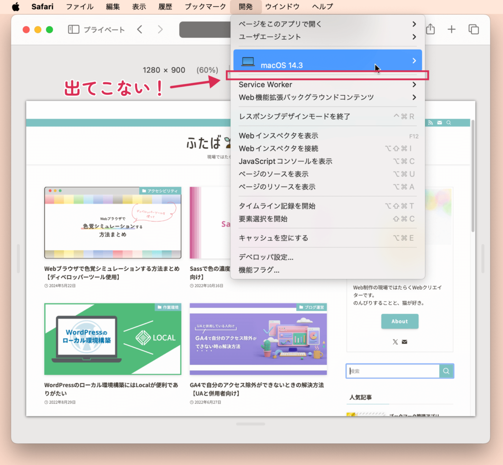 Safariの開発メニューに接続したデバイス名が表示されない様子