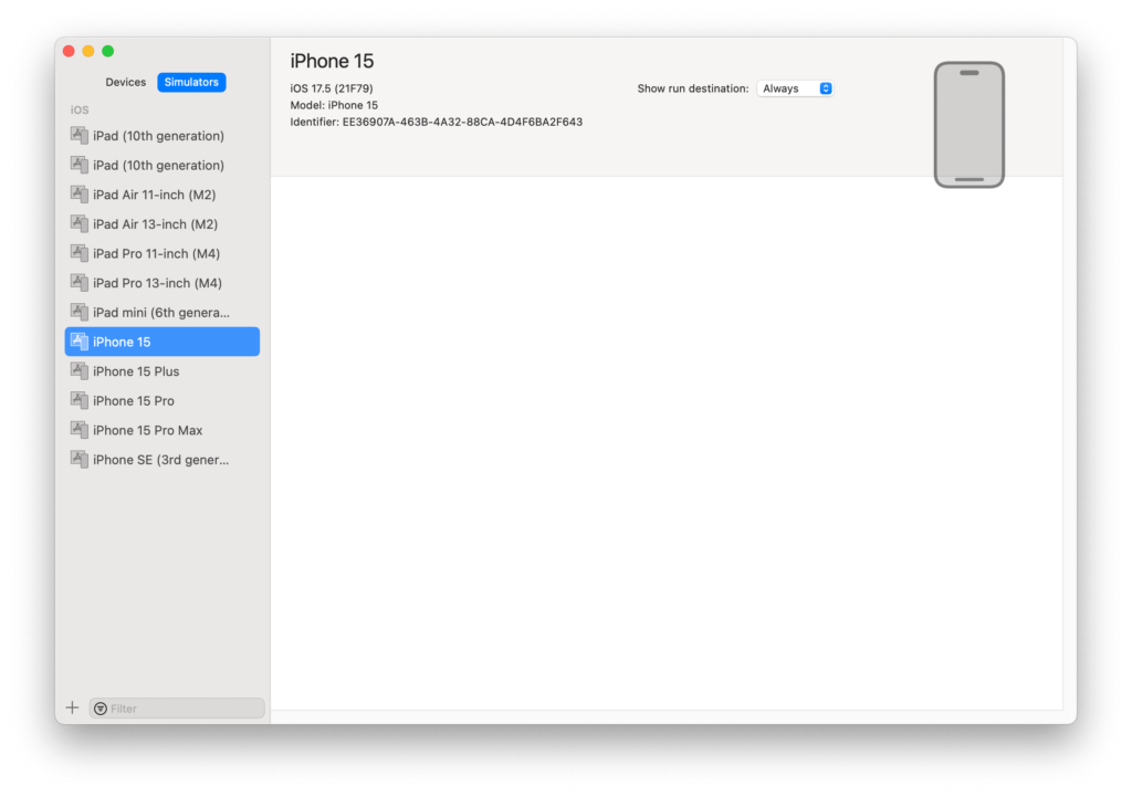XCodeのDevices and SimulatorsのSimulatorsタブの様子