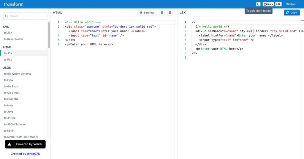HTML to JSX画面イメージ